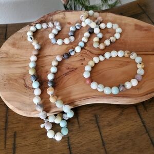 Natural Amazonite Hand-Knotted Necklace & Matching Stretch Bracelet Set